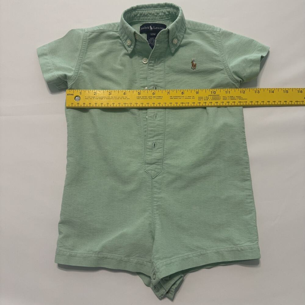 Ralph Lauren Vintage Boys Green Oxford Pony Logo Button Down Romper, Green ,12M - Picture 3 of 10